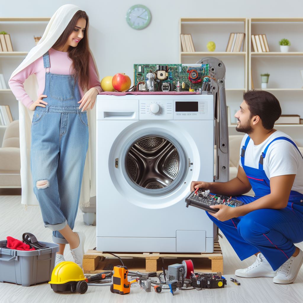 Washing Machine Repair Services in Dubai 2024,
This image shows the men repairing washing machine in front of young women